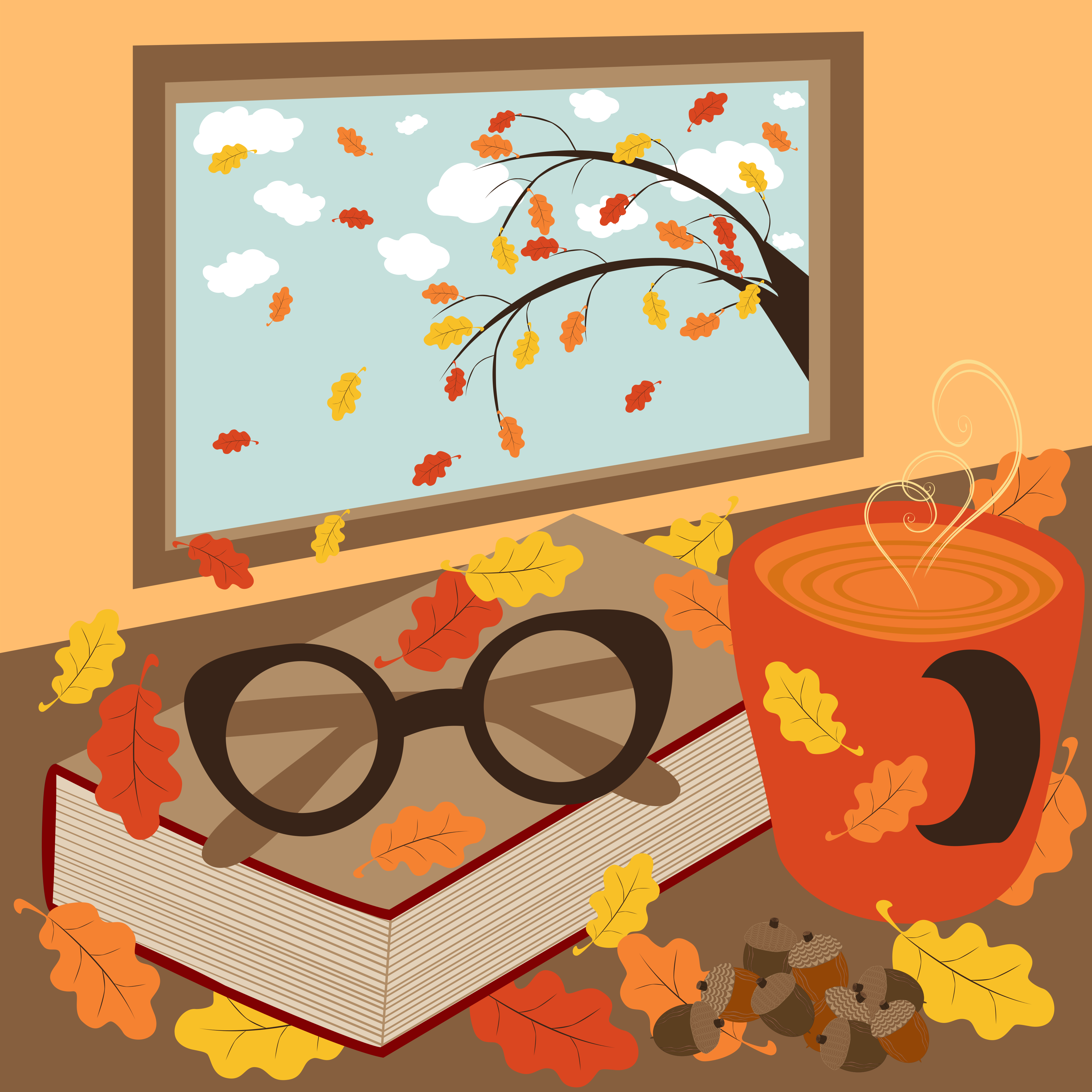 Buch, Brille und eine Tasse im warmen Herbstlicht