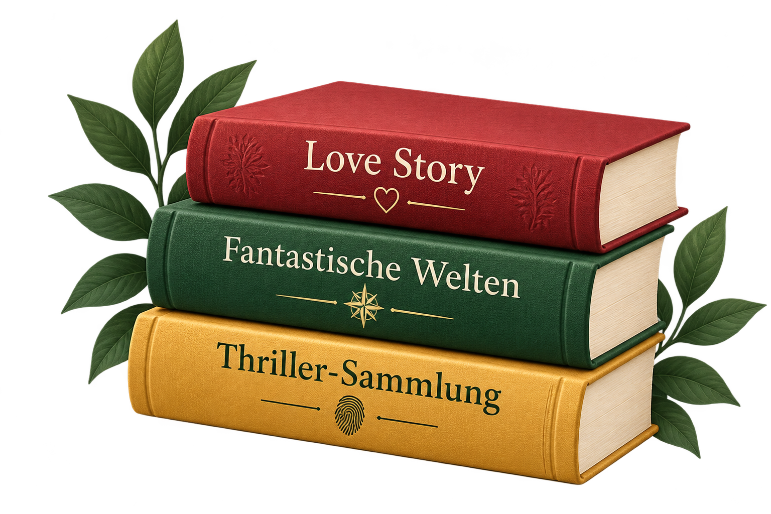 Drei dekorative Bücher in Rot, Grün und Gelb, umgeben von Blättern