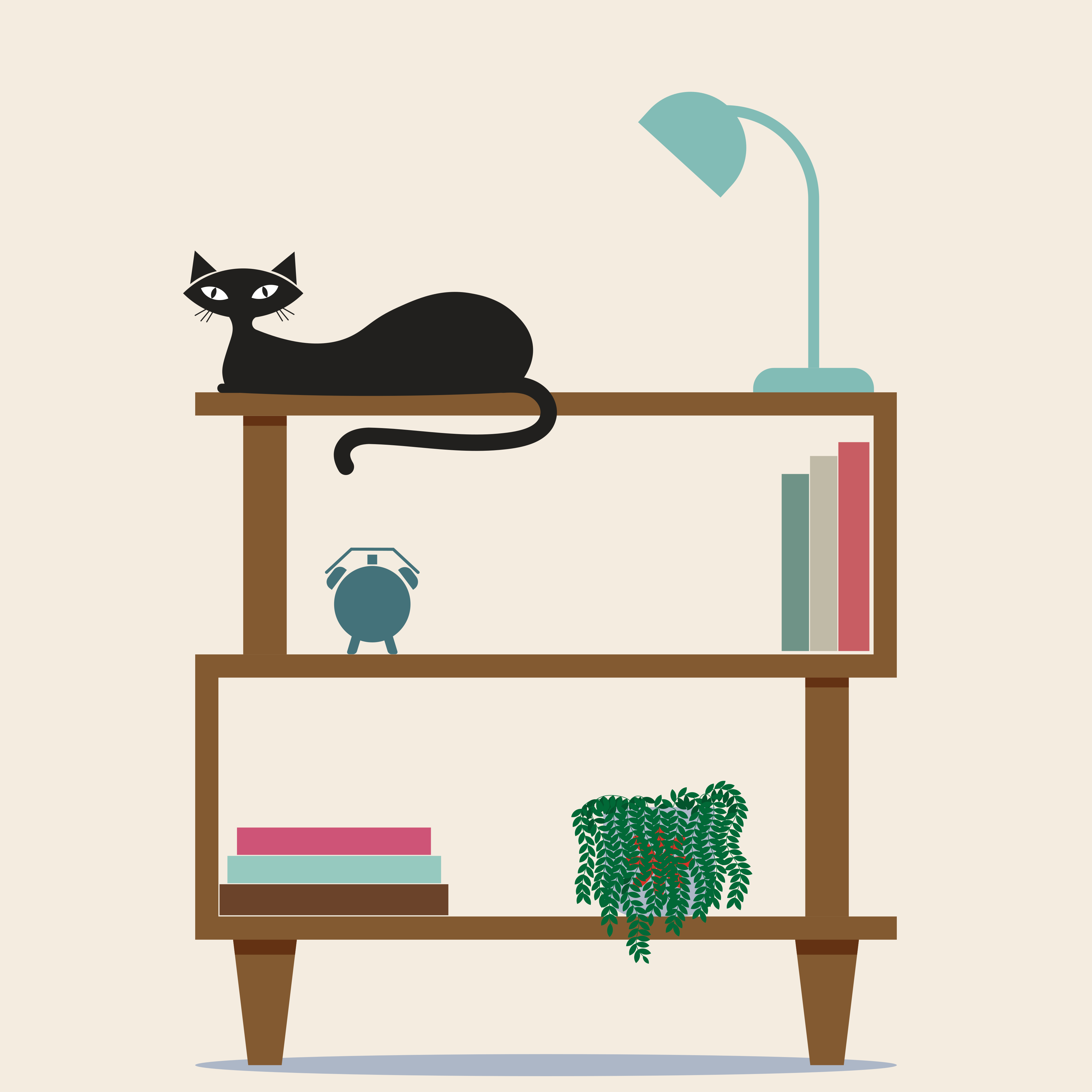 Illustration eines schwarzen Katers auf einem Bücherregal mit Büchern und Zimmerpflanze
